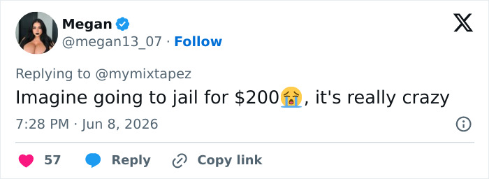 Social media comment about jail for 200 dollars Social media comment about jail for 200 dollars