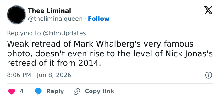 Tweet commenting on weak retread of Mark Wahlberg Calvin Klein ad Tweet commenting on weak retread of Mark Wahlberg Calvin Klein ad
