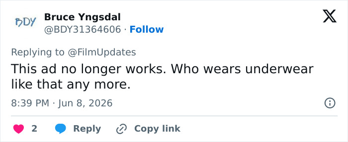 Tweet criticizing underwear style in recreated Calvin Klein ad Tweet criticizing underwear style in recreated Calvin Klein ad