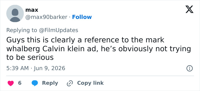 Tweet clarifying the ad is a reference to Mark Wahlberg Calvin Klein campaign Tweet clarifying the ad is a reference to Mark Wahlberg Calvin Klein campaign
