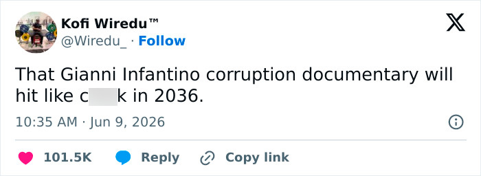 A tweet by Kofi Wiredu about Gianni Infantino corruption documentary and soccer world scandal. A tweet by Kofi Wiredu about Gianni Infantino corruption documentary and soccer world scandal.