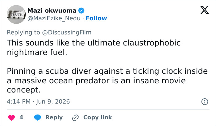 Tweet describing a claustrophobic thriller with ocean predator theme Tweet describing a claustrophobic thriller with ocean predator theme