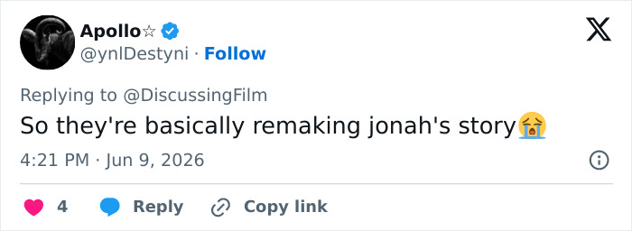 Tweet commenting on Josh Brolin's film remaking Jonah's story Tweet commenting on Josh Brolin's film remaking Jonah's story