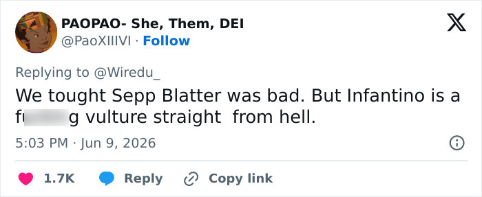 A social media post on X about the World Cup boss's hypocritical act, calling him a vulture from hell. A social media post on X about the World Cup boss's hypocritical act, calling him a vulture from hell.