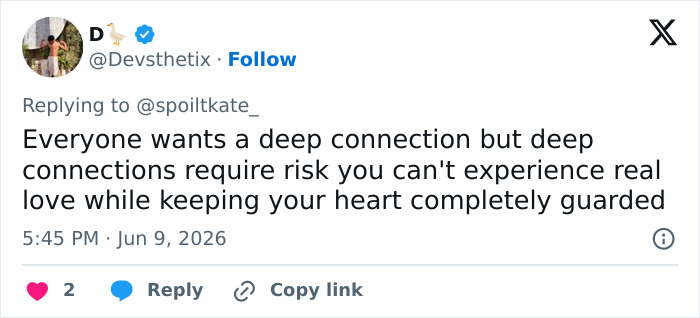 Tweet about deep connection and risks in real love and modern dating