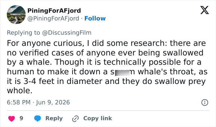 Tweet discussing whale swallowing facts related to Josh Brolin movie Tweet discussing whale swallowing facts related to Josh Brolin movie