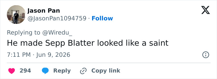 A screenshot of a social media post discussing the World Cup boss and his hypocritical act in the soccer world. A screenshot of a social media post discussing the World Cup boss and his hypocritical act in the soccer world.