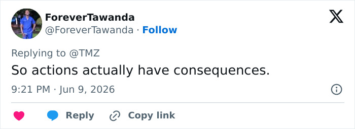 Tweet commenting on consequences in California housewife legal case Tweet commenting on consequences in California housewife legal case