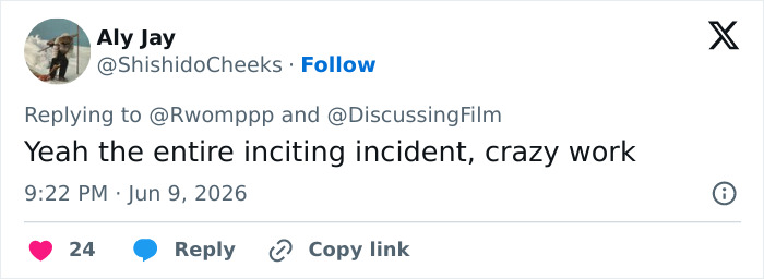 Tweet praising the film's inciting incident in Josh Brolin movie Tweet praising the film's inciting incident in Josh Brolin movie