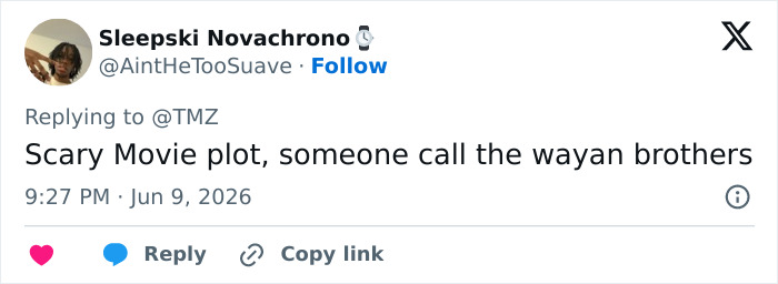 Tweet referencing scary movie plot in California housewife legal case Tweet referencing scary movie plot in California housewife legal case