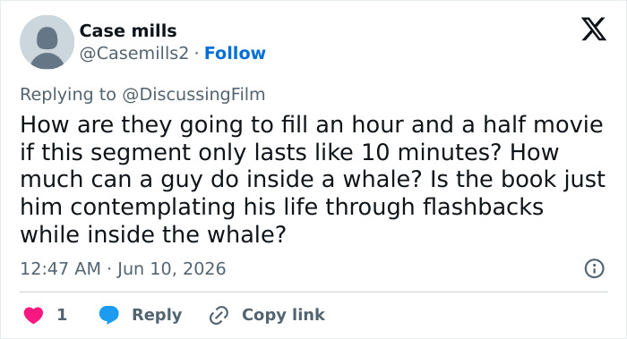 Tweet questioning movie length and plot inside whale in Josh Brolin film Tweet questioning movie length and plot inside whale in Josh Brolin film