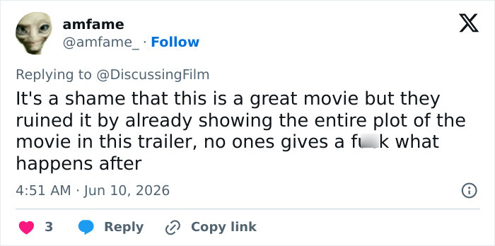 Tweet criticizing Josh Brolin's new film for spoiling the entire plot in the trailer Tweet criticizing Josh Brolin's new film for spoiling the entire plot in the trailer