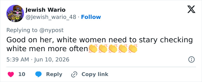 Tweet praising white women for checking white men more often in social context Tweet praising white women for checking white men more often in social context