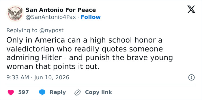 Tweet condemning honoring valedictorian who quoted Hitler in speech Tweet condemning honoring valedictorian who quoted Hitler in speech