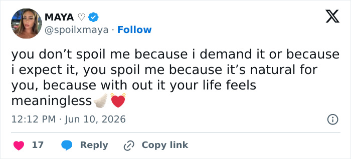 Tweet explaining spoiling in relationships as natural and meaningful behavior