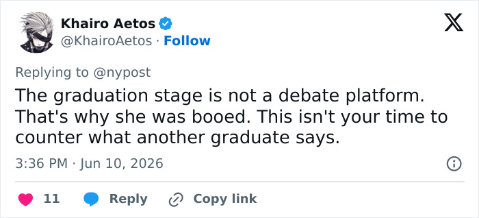 Tweet about graduation stage not being a debate platform in valedictorian speech Tweet about graduation stage not being a debate platform in valedictorian speech