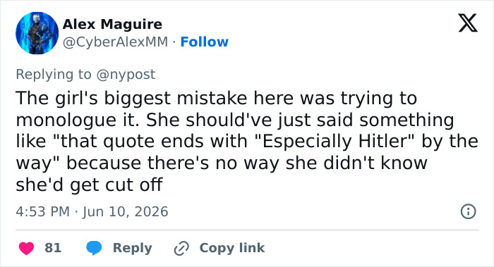Tweet criticizing valedictorian's speech approach and advice on quote mentioning Hitler Tweet criticizing valedictorian's speech approach and advice on quote mentioning Hitler