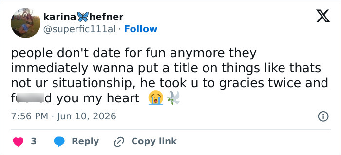 Tweet about modern dating pressures and labeling relationships quickly