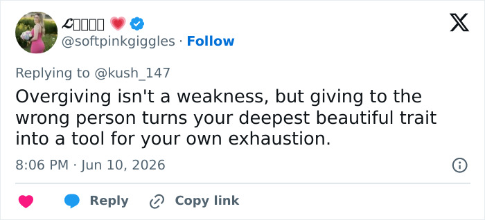 Tweet on overgiving as a trait leading to exhaustion in relationships