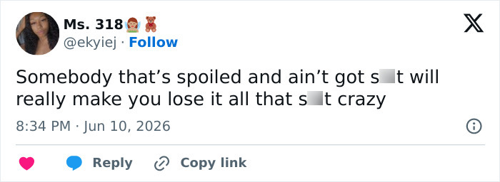 Tweet about spoiled behavior affecting relationships and causing frustration in modern dating