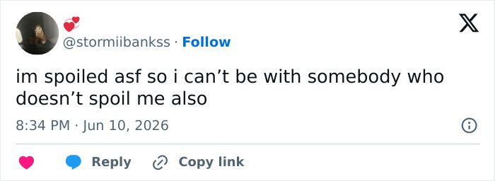 Social media post expressing being spoiled in modern dating and relationships