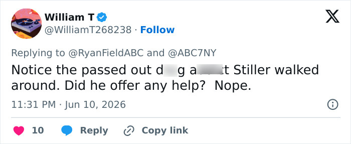 Tweet criticizing Ben Stiller for not helping a homeless person Tweet criticizing Ben Stiller for not helping a homeless person