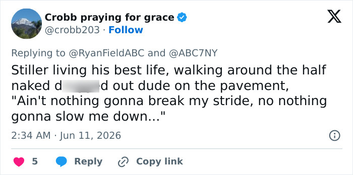 Tweet sarcastically commenting on Ben Stiller walking past a half-naked homeless man Tweet sarcastically commenting on Ben Stiller walking past a half-naked homeless man