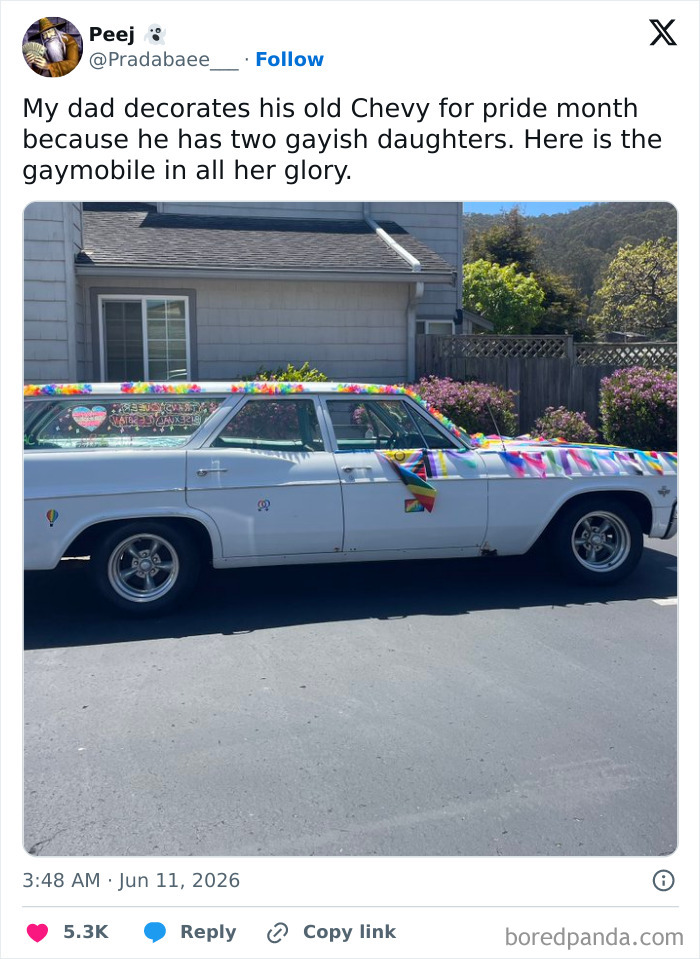 A proud dad's car decorated for Pride Month, showcasing amazing fathers and their supportive parenting.