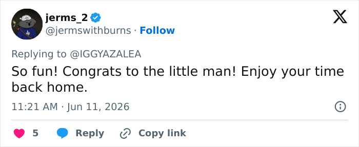 Fan congratulates Iggy Azalea on son's citizenship and wishes fun times Fan congratulates Iggy Azalea on son's citizenship and wishes fun times