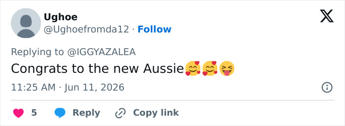 Follower congratulates Iggy Azalea on son's new Aussie citizenship Follower congratulates Iggy Azalea on son's new Aussie citizenship