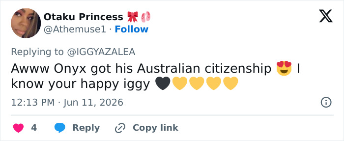 Tweet celebrating Onyx's Australian citizenship and Iggy Azalea's happiness Tweet celebrating Onyx's Australian citizenship and Iggy Azalea's happiness