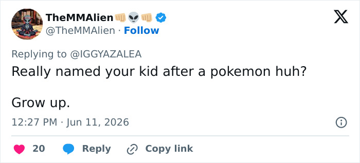 Screenshot of a tweet criticizing Iggy Azalea naming her son after a Pokemon Screenshot of a tweet criticizing Iggy Azalea naming her son after a Pokemon