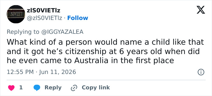 Tweet questioning child's name and citizenship timing Tweet questioning child's name and citizenship timing