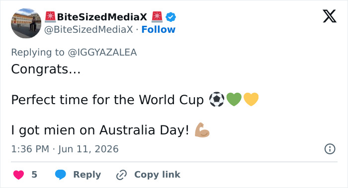 Tweet links Iggy Azalea's son citizenship to World Cup and Australia Day Tweet links Iggy Azalea's son citizenship to World Cup and Australia Day