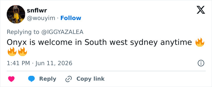 Tweet welcoming Onyx in South West Sydney Tweet welcoming Onyx in South West Sydney