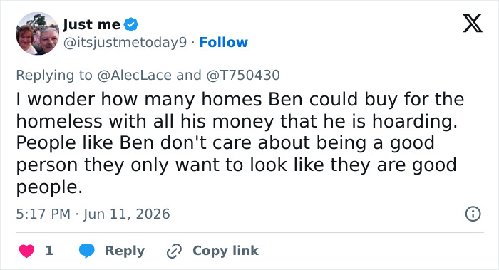 Tweet criticizing Ben Stiller's approach to homelessness and perceived insincerity Tweet criticizing Ben Stiller's approach to homelessness and perceived insincerity