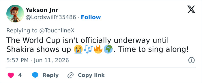 Tweet celebrating Shakira's World Cup 2026 singing debut