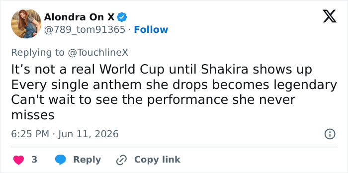 Tweet praising Shakira's legendary World Cup performance