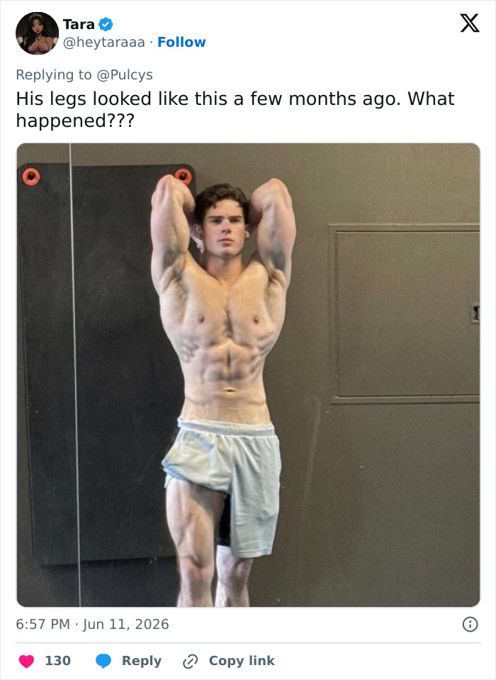 Before photo showing muscular legs of Looksmaxxer Clavicular
