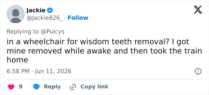 Comment about wisdom teeth removal in wheelchair mentioning Looksmaxxer Clavicular