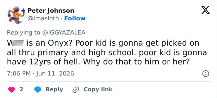 Screenshot of a tweet expressing concern about naming son Onyx Screenshot of a tweet expressing concern about naming son Onyx