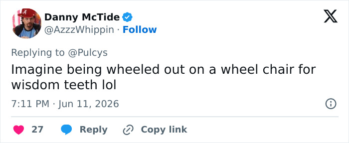 Tweet about wheelchair use for wisdom teeth after surgery