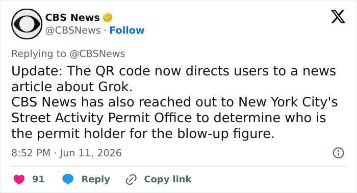 CBS News tweet about QR code and permit for Elon Musk inflatable