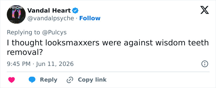 Tweet questioning looksmaxxer stance on wisdom teeth removal