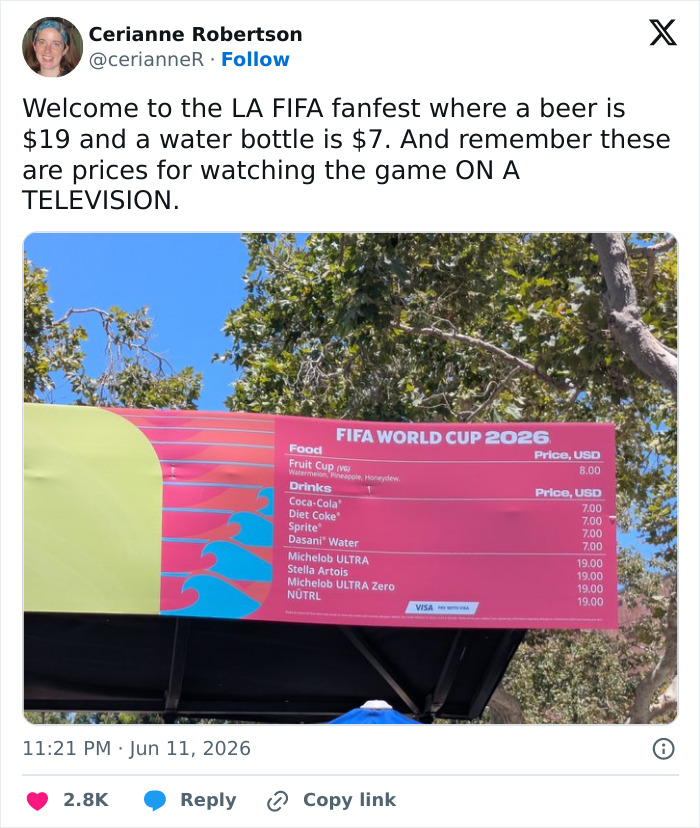 FIFA World Cup 2026 fanfest menu showing high prices for drinks and food in USD