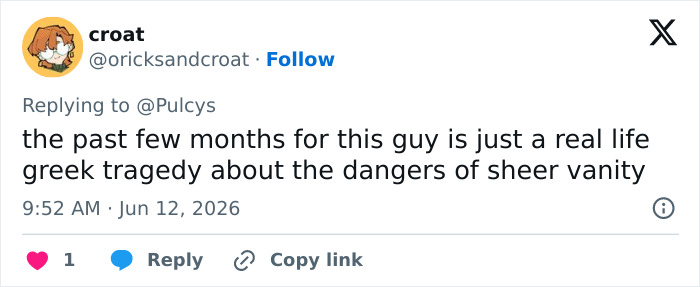 Social media post discussing dangers of vanity related to Looksmaxxer Clavicular