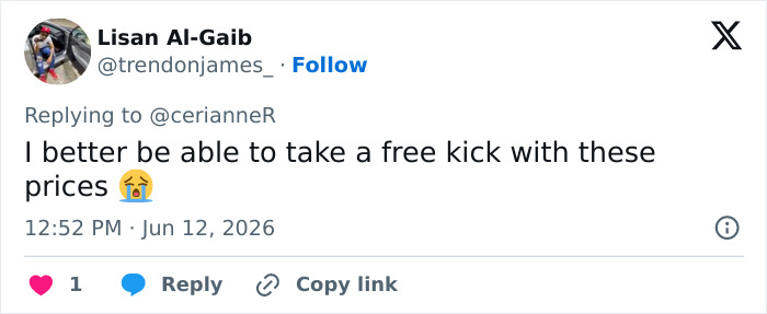 User sarcastically remarks on expensive pricing for free kick in World Cup context