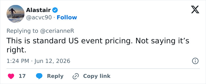 Tweet commenting on high US event pricing for World Cup
