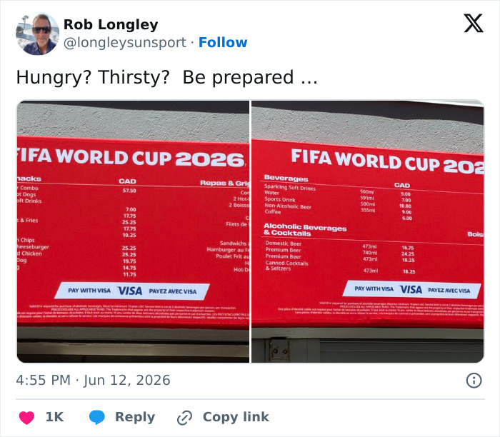 FIFA World Cup 2026 red menu board showing food and beverage prices in CAD