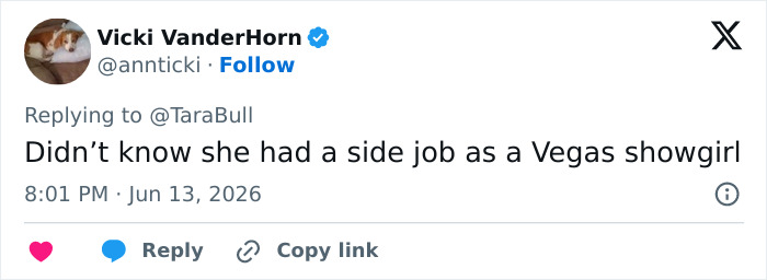 Screenshot of a tweet implying Shania Twain has a side job as a Vegas showgirl, discussing her transformation. Screenshot of a tweet implying Shania Twain has a side job as a Vegas showgirl, discussing her transformation.